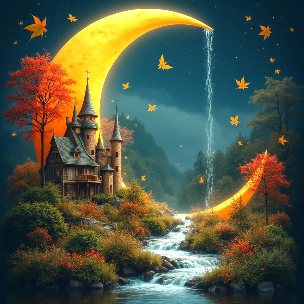 Whimsical Crescent Moon Village in Realistic Double Exposure