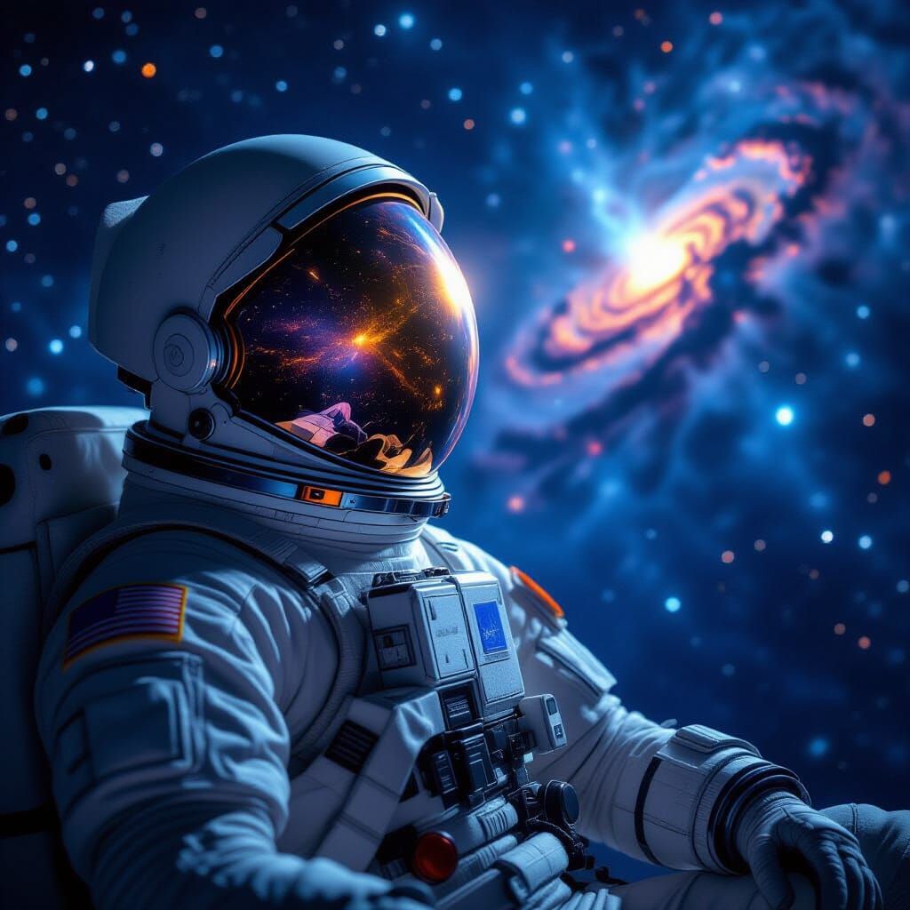 Astronaut Adrift in Cosmic Sea Reflecting Dying Stars