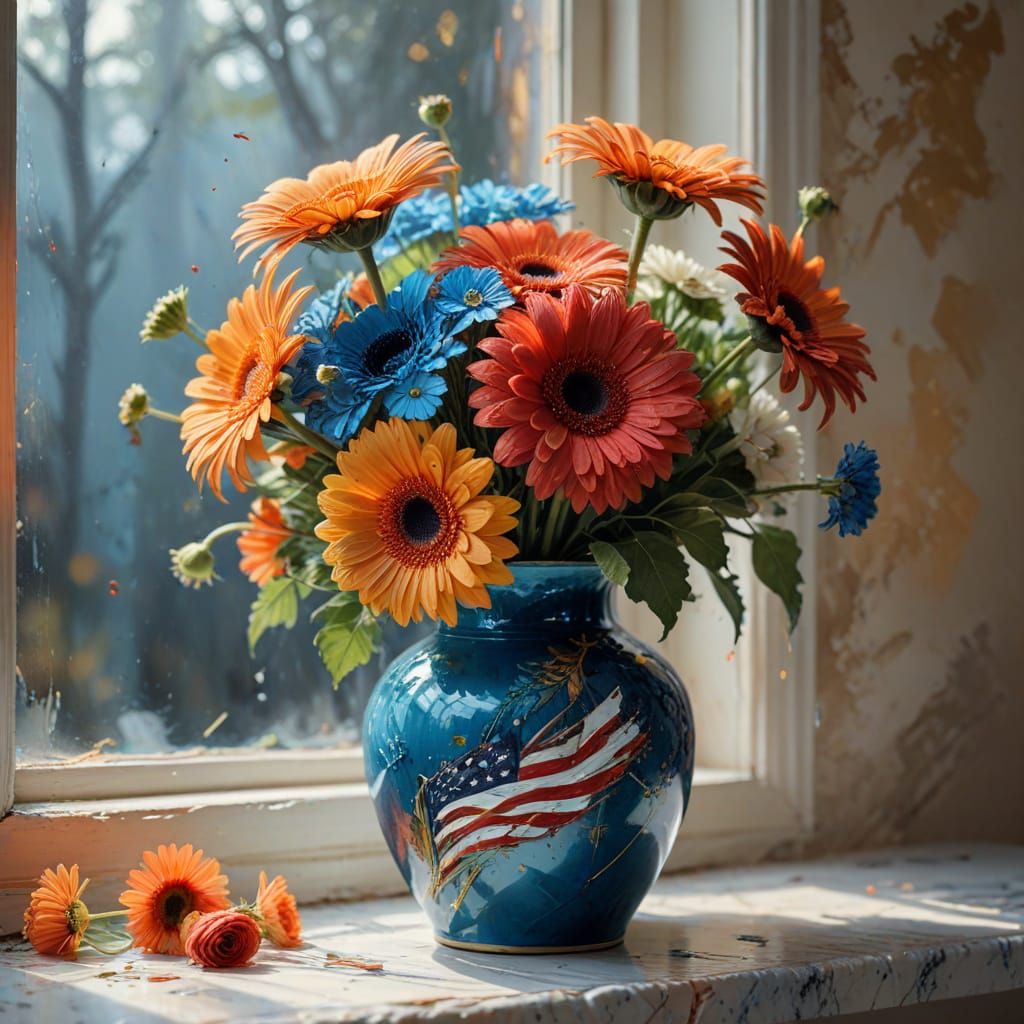 Still Life Oil Painting with Flowers and Flag