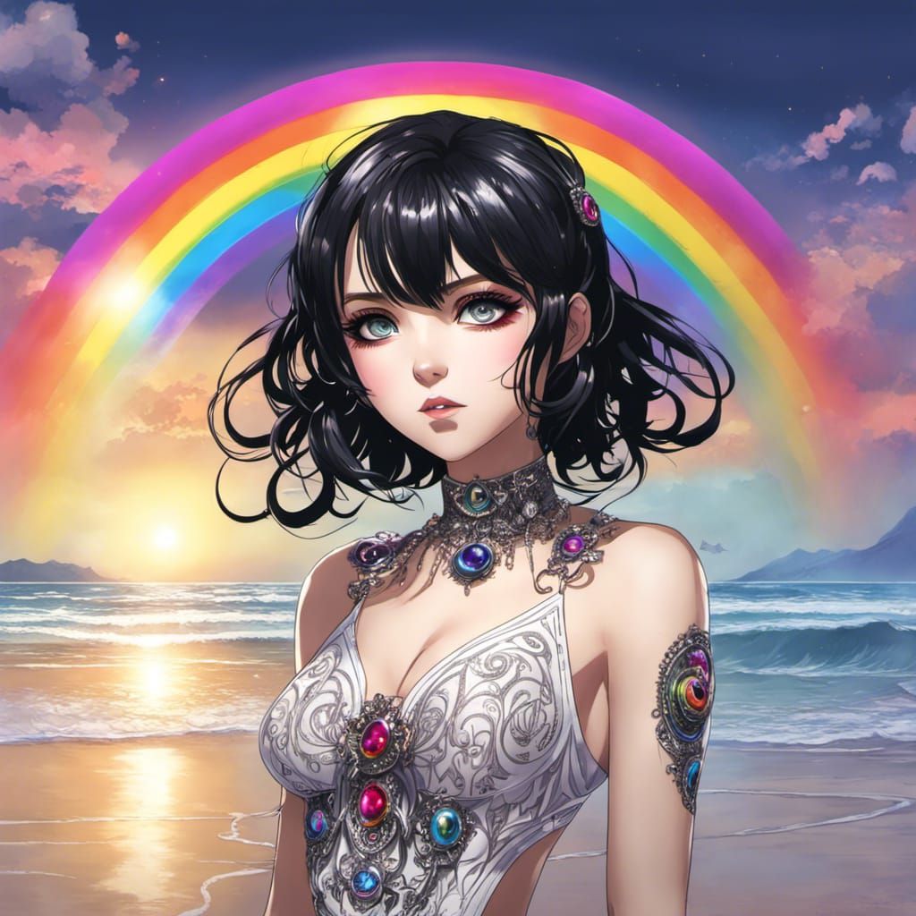 Goth Goddess Girl with Rainbow Eyes, Anime Style