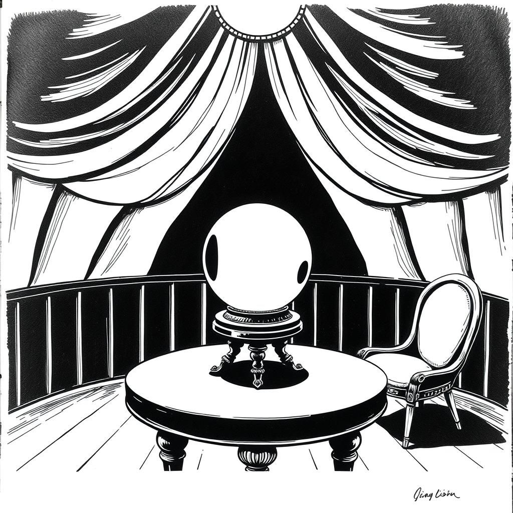 Monochromatic Fineliner Drawing of Crystal Ball in Circus