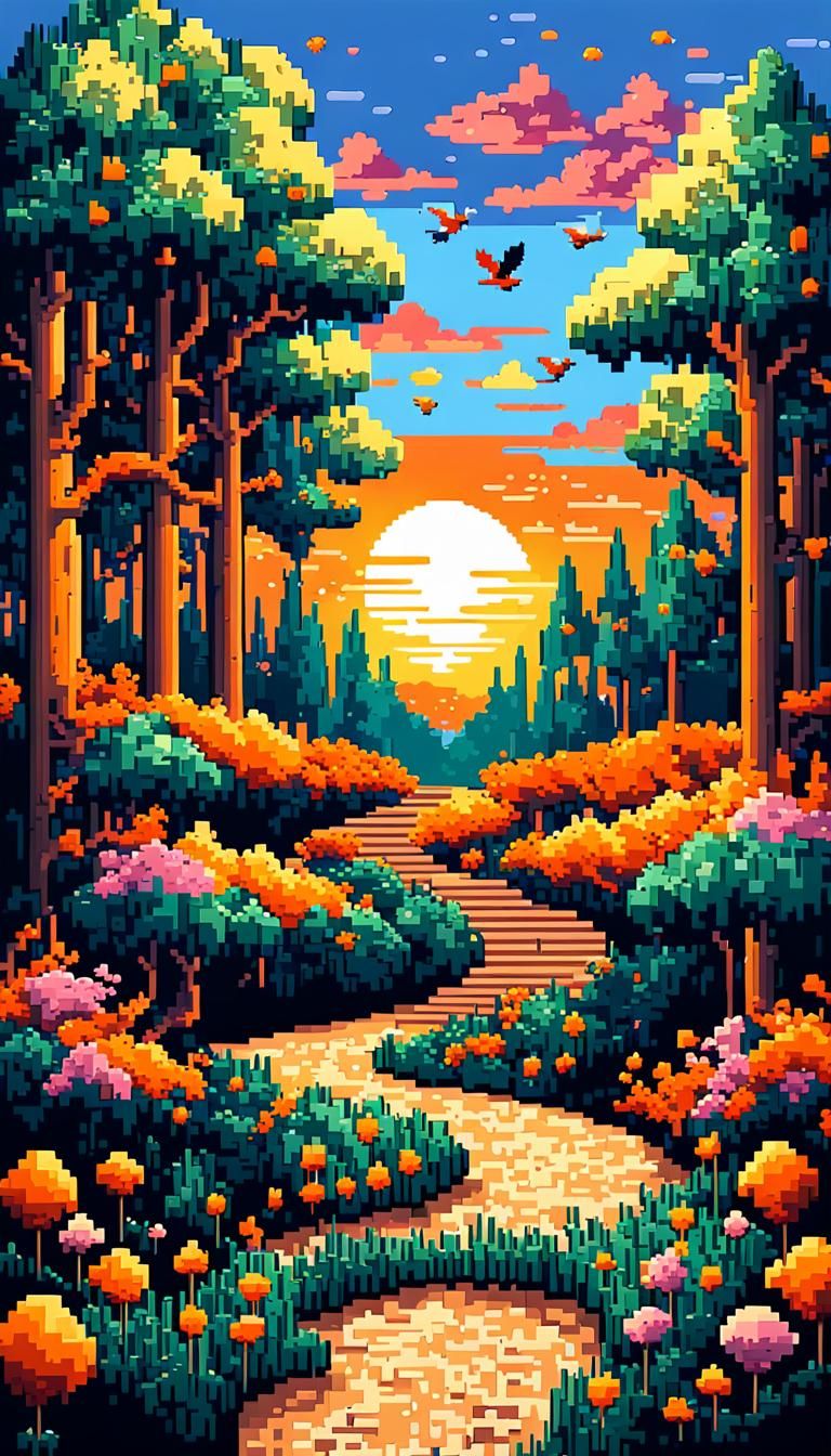 Magical Sunset Forest Scene in Pixel Art