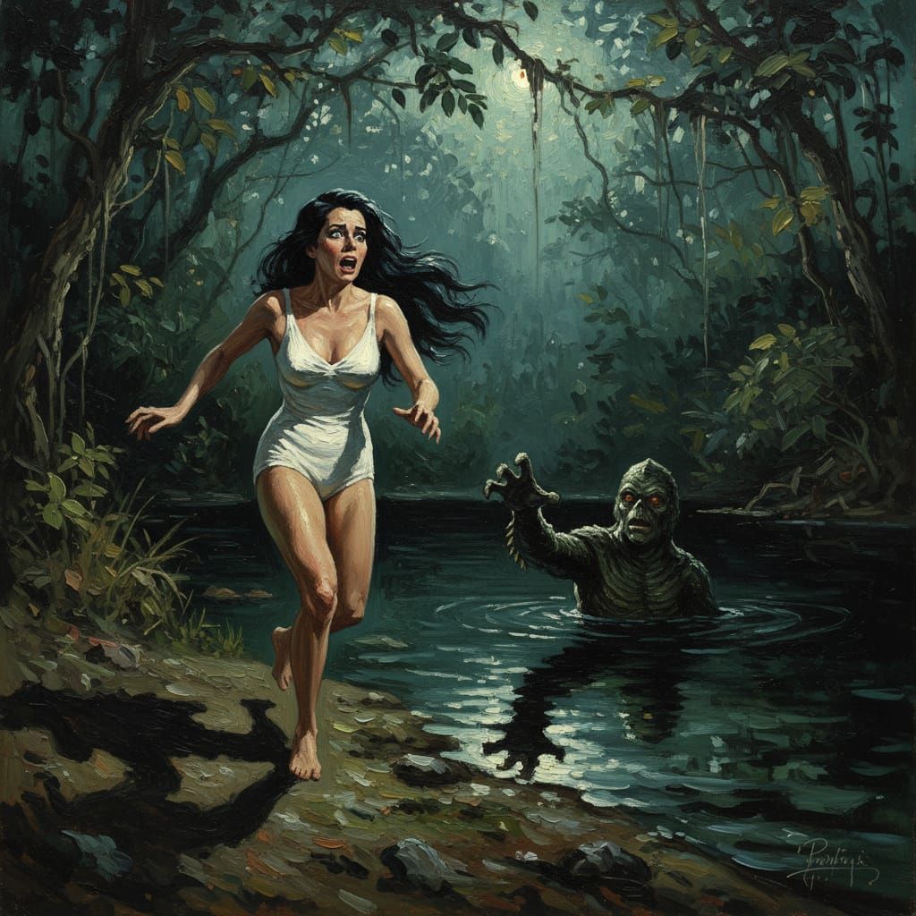 Frightened Woman Flees Creature from Black Lagoon in Dark Ju...