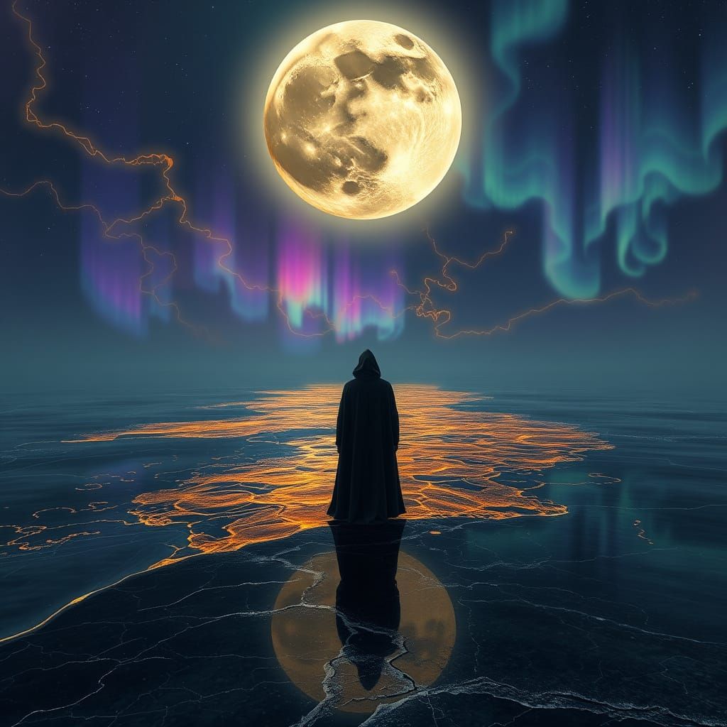 Fractured Moon Over Obsidian Lake in Hyperreal Style