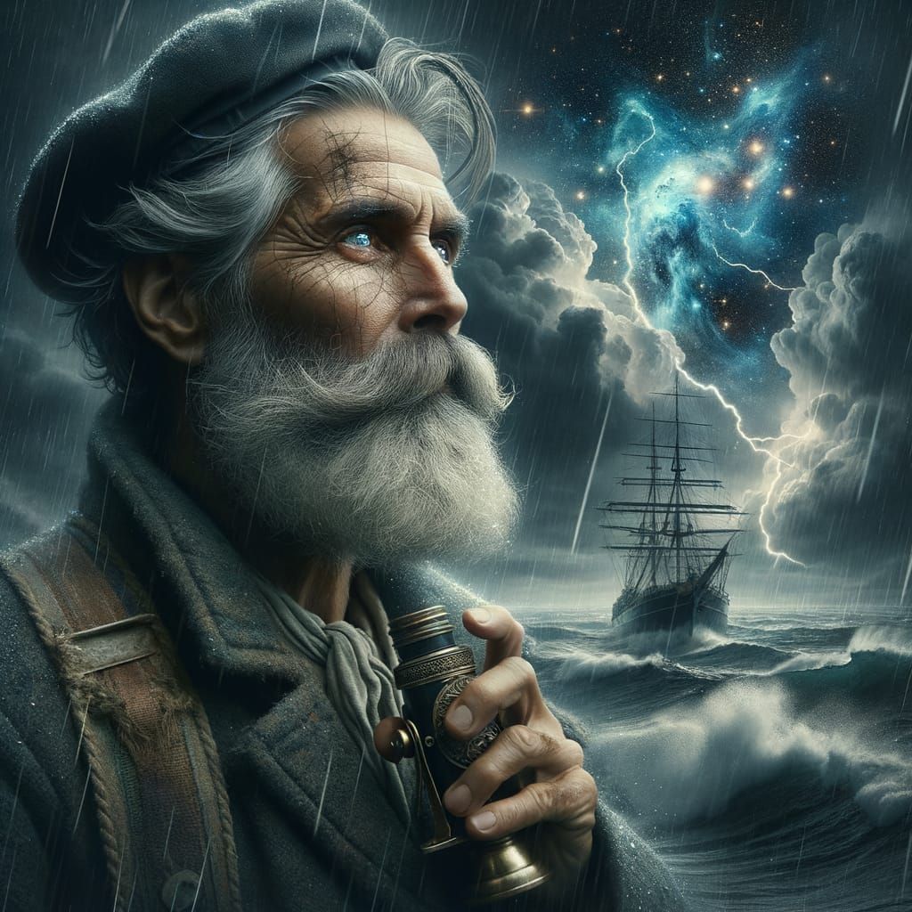 Aged Sailor with Spyglass and Nebula Silhouette