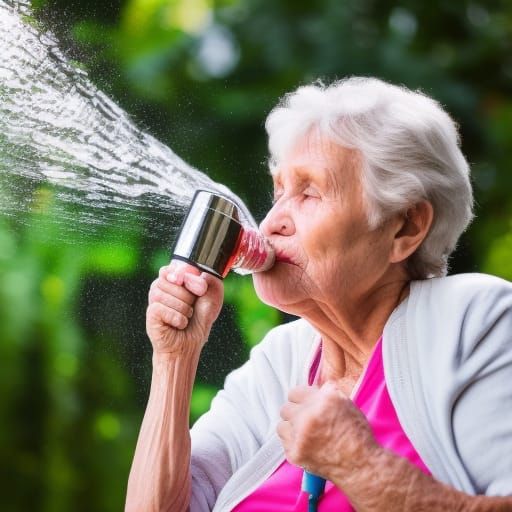 grandma drinking from the garden hose