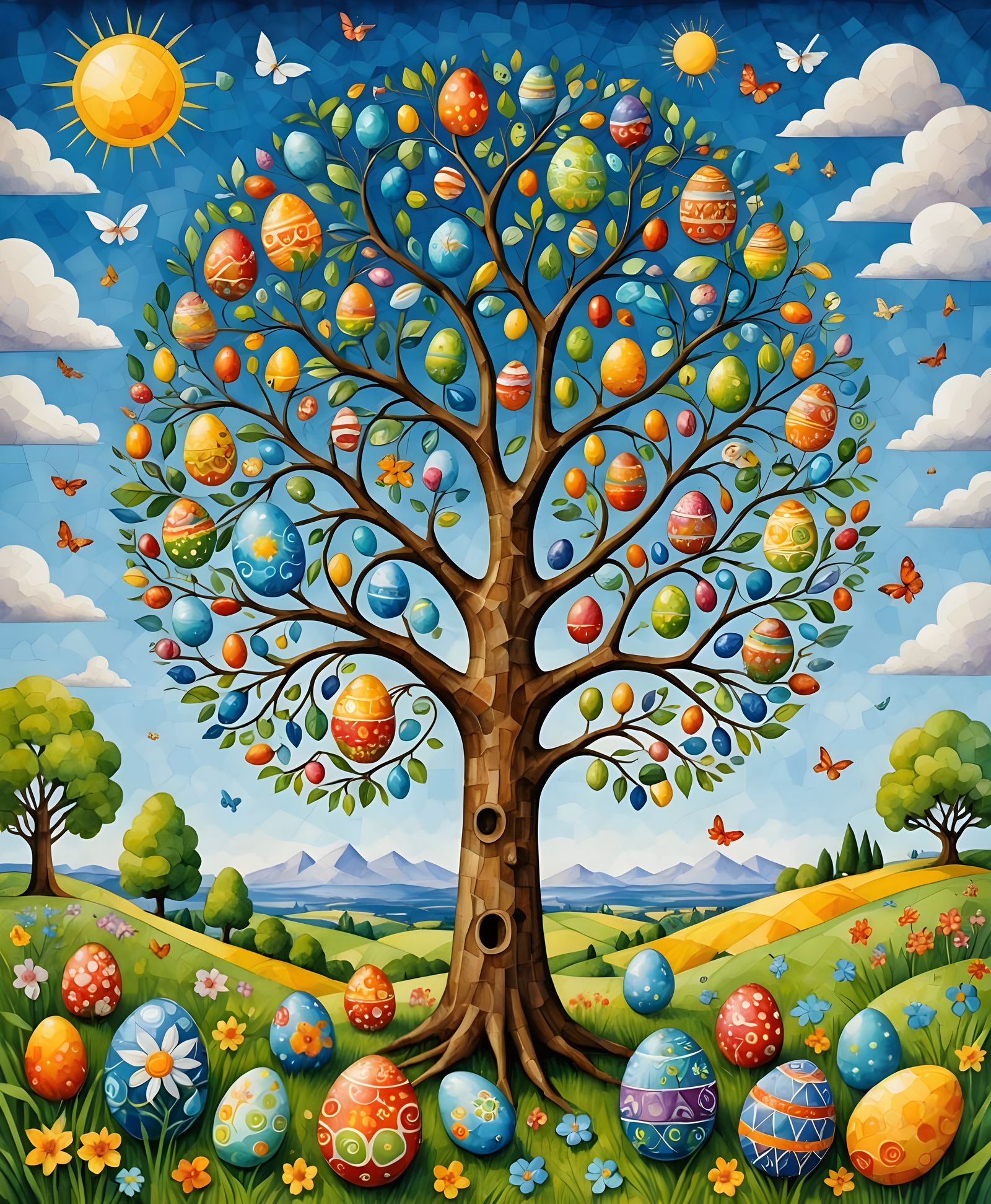 Vibrant Cubist Easter Scene with Iridescent Details