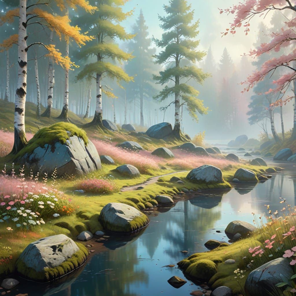 Foggy Birch Forest in Soft Pastel Colors