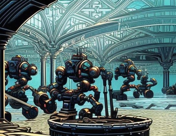 Robots Cleaning Rococo Pool in Comic Book Style