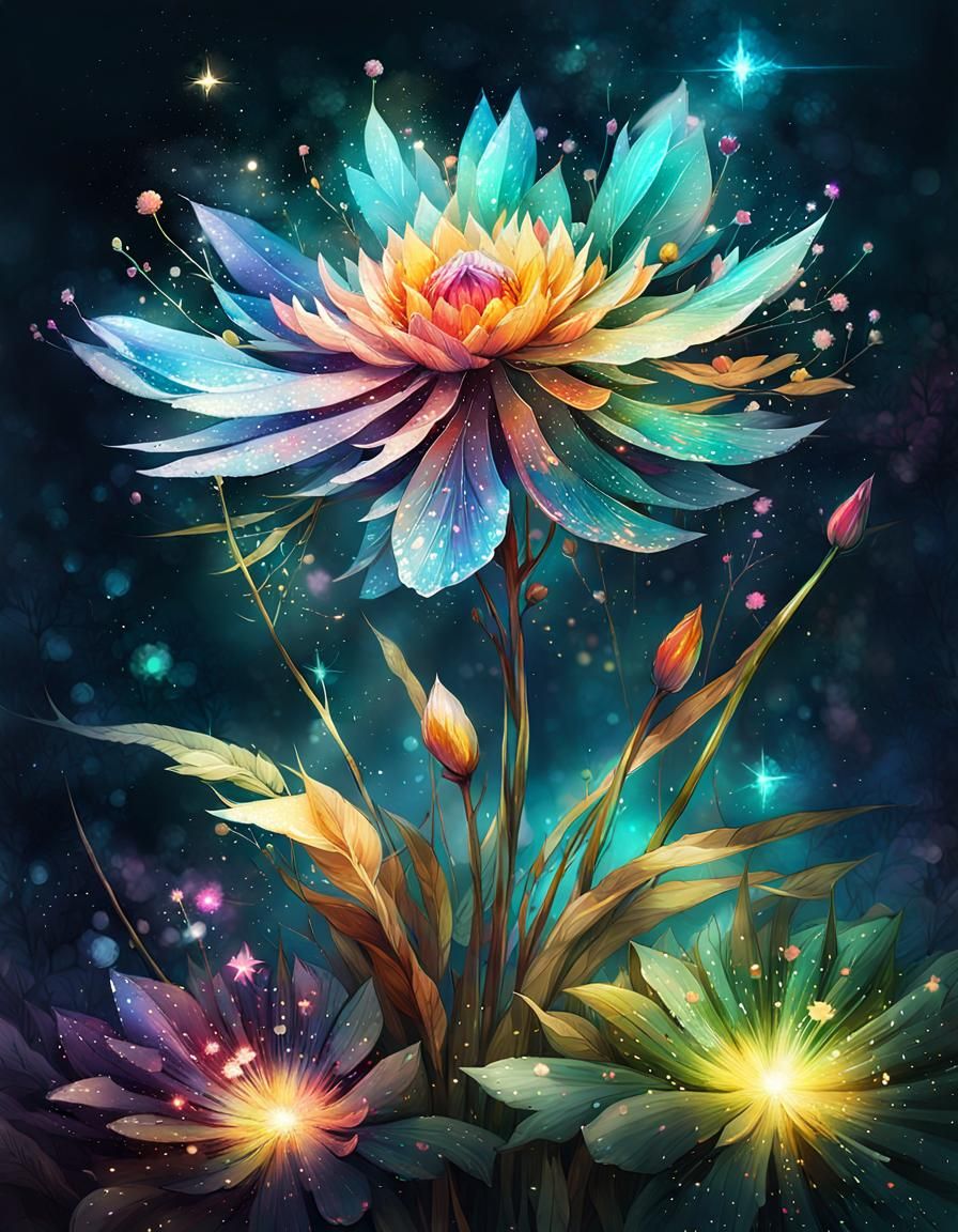 Holographic flower, detailed, splash art effect, Magical luminescent sparkles in the air, Digital Stylized concept game ...