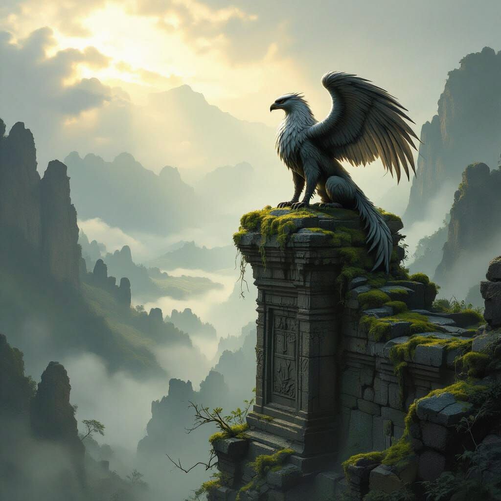 Majestic Griffin Over Mist Valley in Dark Fantasy Style