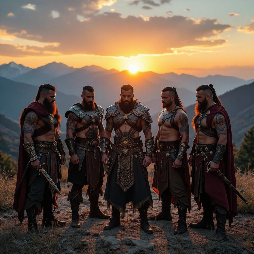 Biblical Monster Hunters with Zodiac Tattoos in Sunset Mount...