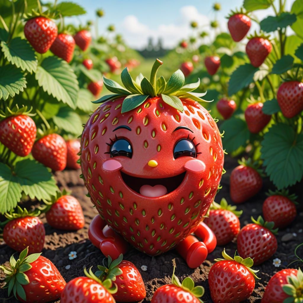 Kawaii Strawberry Portrait in a Lush Field