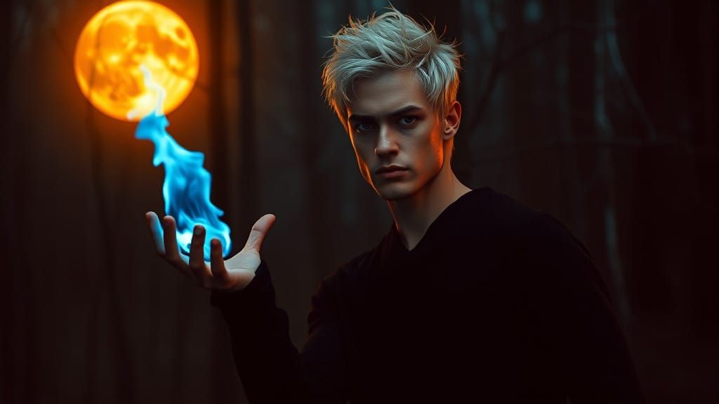 Mysterious Figure in Mystic Woods Under Orange Moonlight