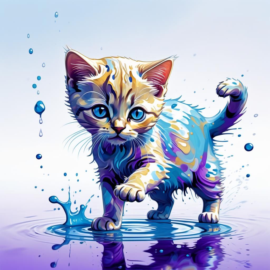 Cat and Puddle Reflection in Fantasycore Style