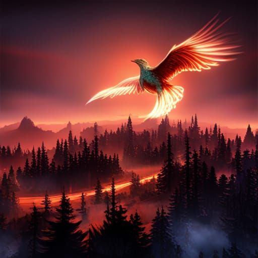 Phoenix Over Enchanted Forest in Dark Fantasy Style