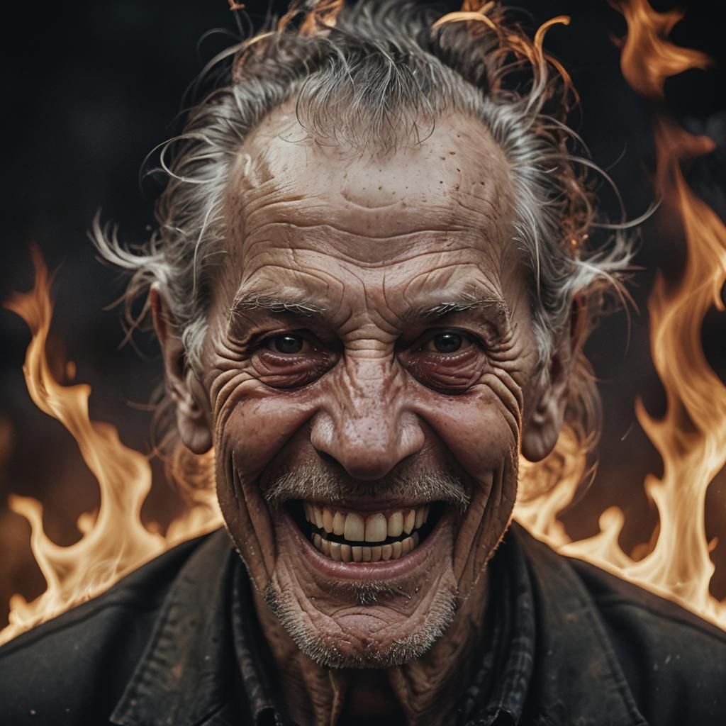 Sinister Elderly Man Portrait with Fiery Backdrop