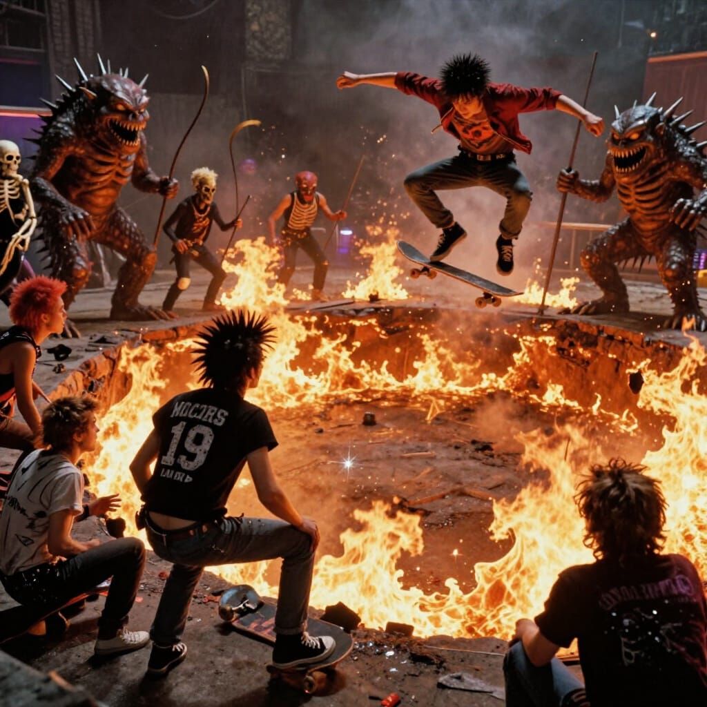 Punk Skateboarders Leap Fiery Pit in Retrofuturistic Scene