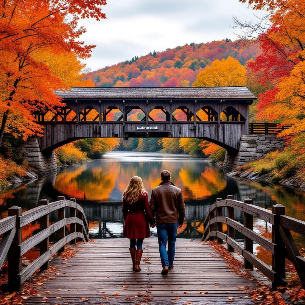 Hudson River School Autumn Landscape with Covered Bridge