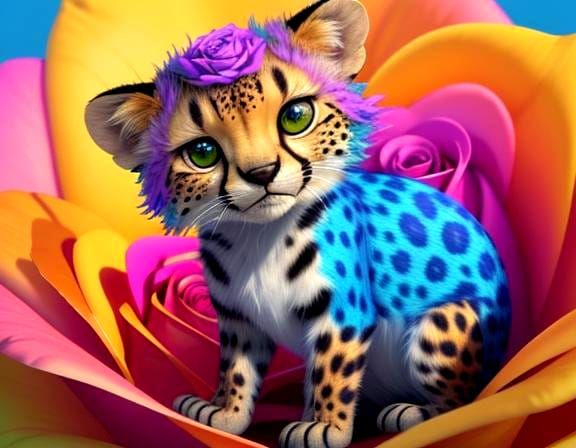 Cute Baby Cheetah in Rose Bloom, 3D Render