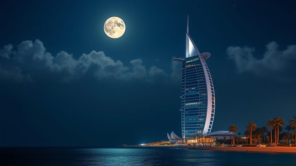 Burj Al Arab in Dubai at Night Under Moonlight