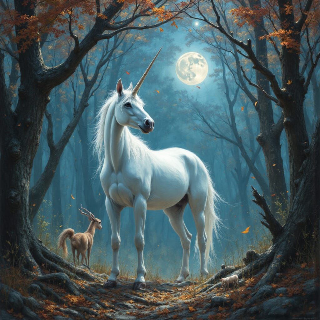Majestic Unicorn in Haunted Autumn Forest at Twilight