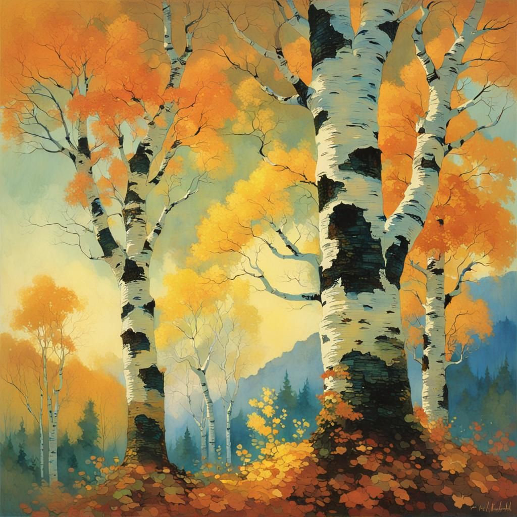 Entangled Autumn Birches in Golden Age Style