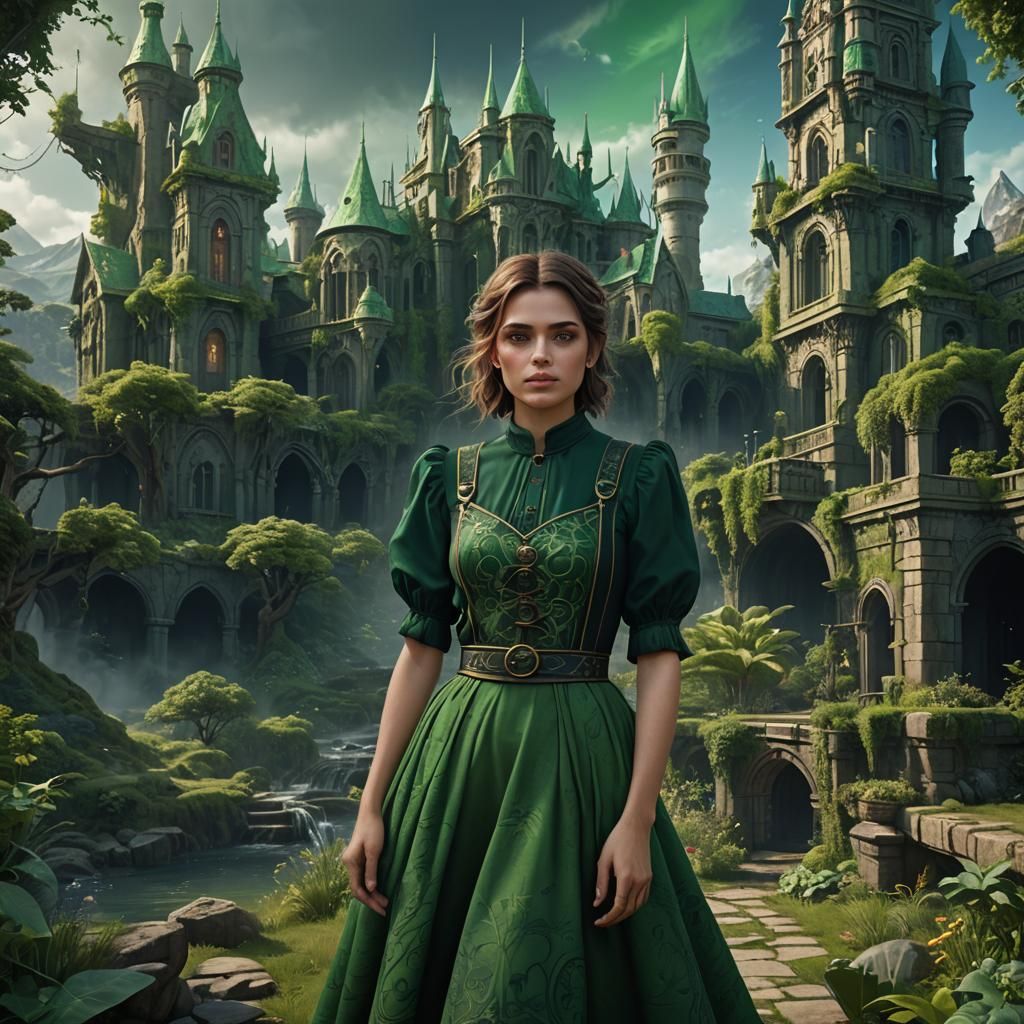 Woman in Green Pinafore Dress: Detailed Fantasy Art