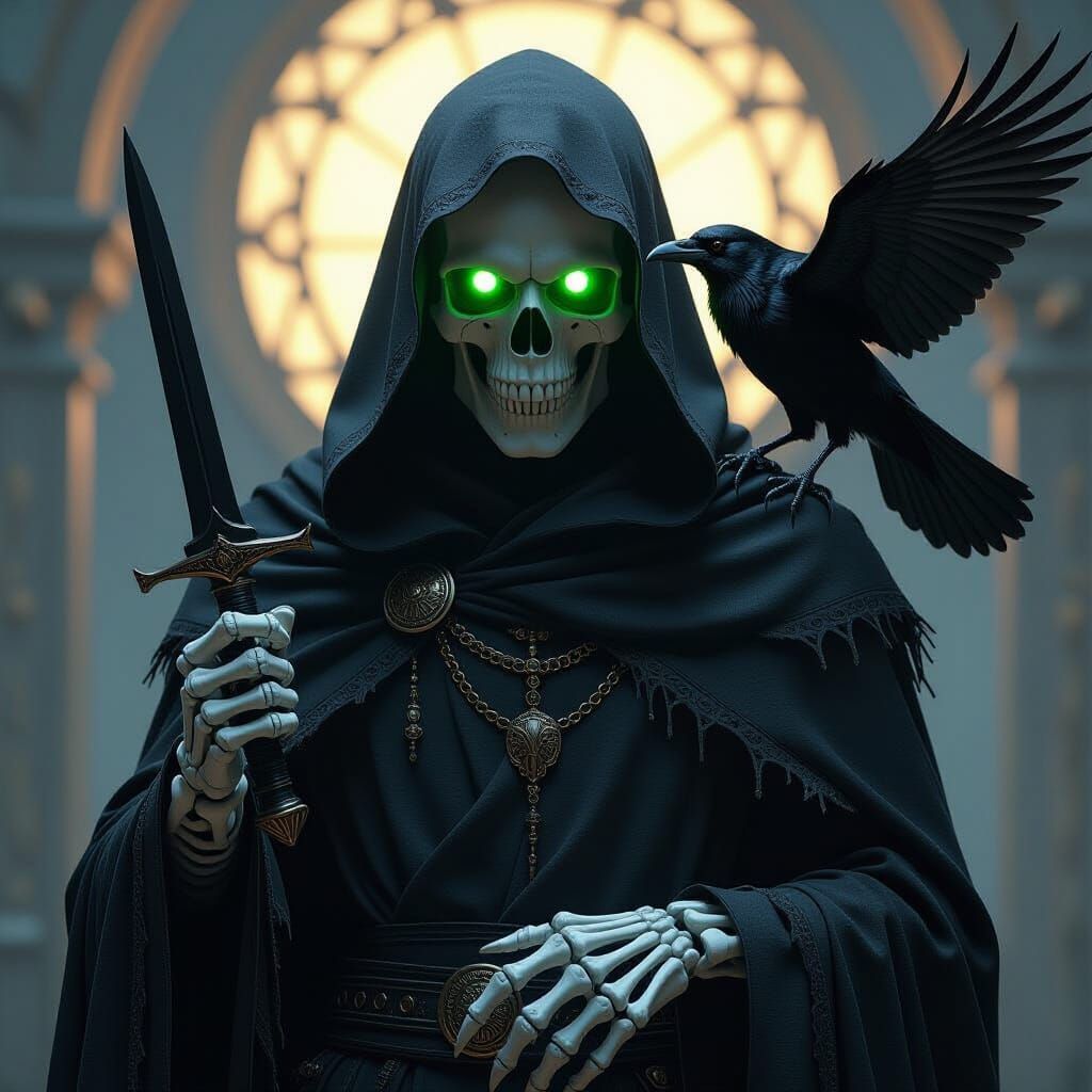 Hyperdetailed Skull Figure with Raven in Dark Fantasy Style