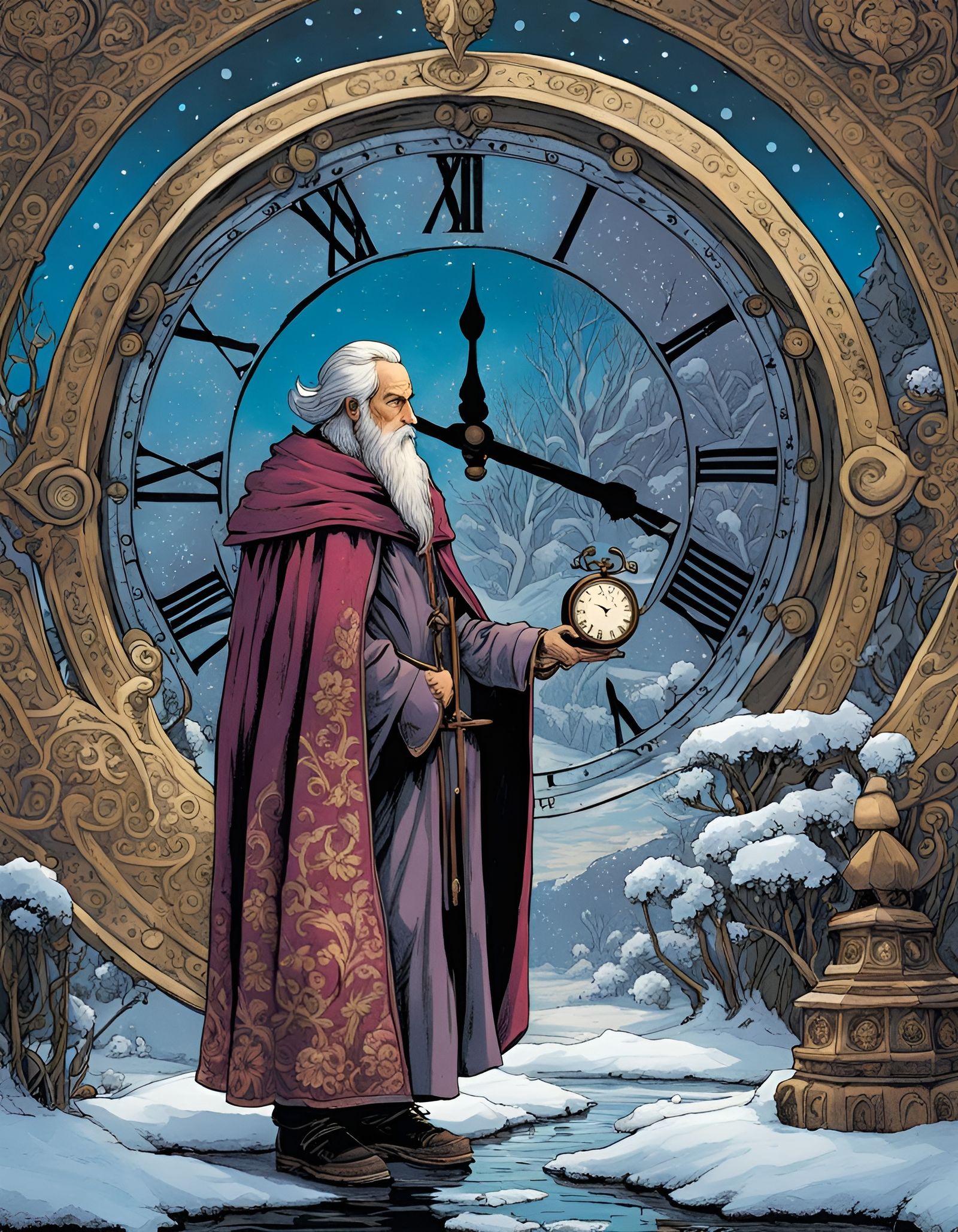 Wizard Gazing at Clock, Comic Book Illustration