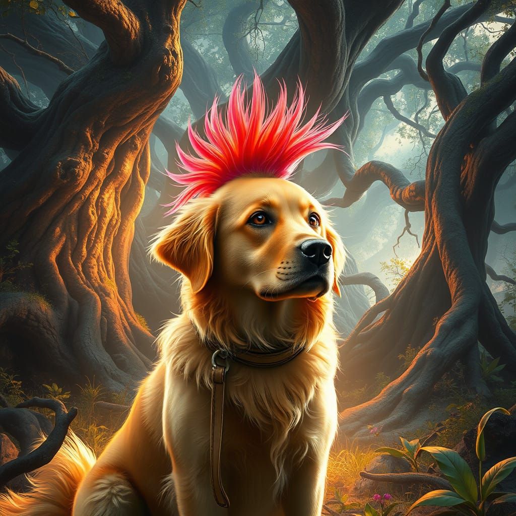 Heroic Golden Retriever in Vibrant Dreamlike Landscape