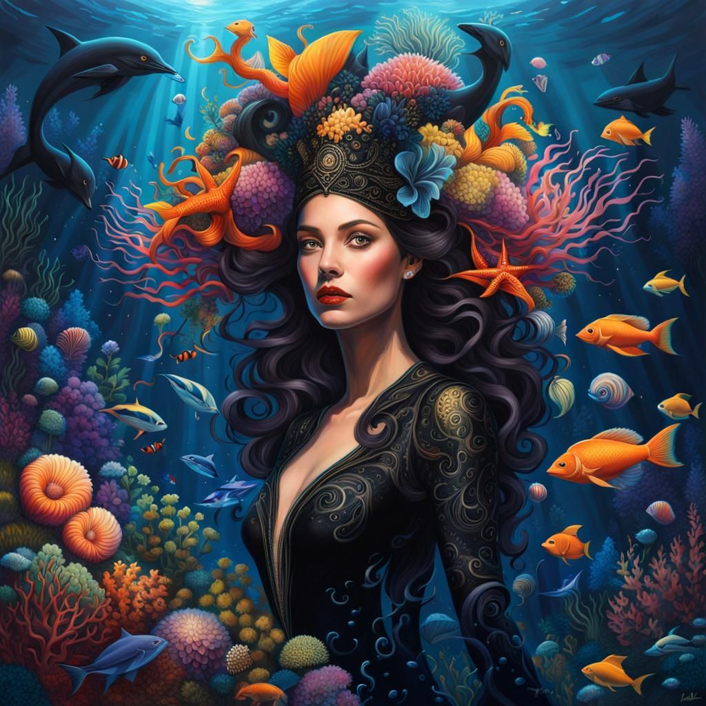 DALL E 3, Underwater photography-style digital painting, a w...