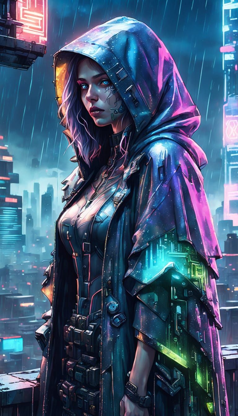 Cyberpunk Heroine in Iridescent Cloak Overlooks Dystopian Ci...