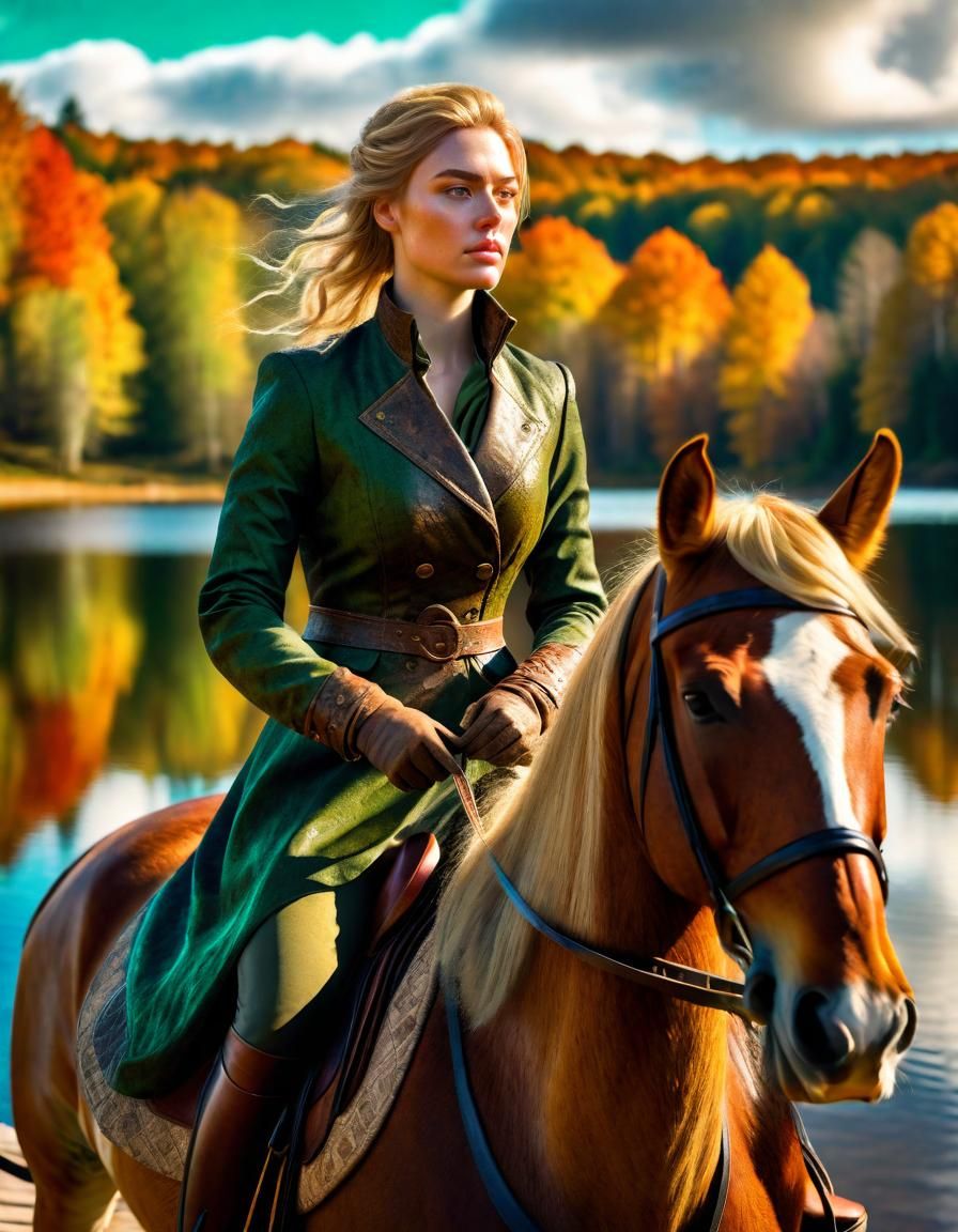 Woman on Horseback at Lake in Renaissance Style