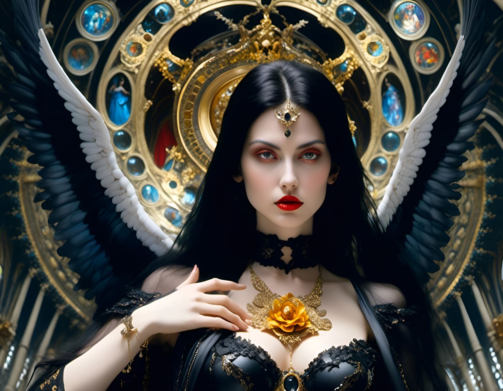 Gothic Angel Goddess in Ornate Temple