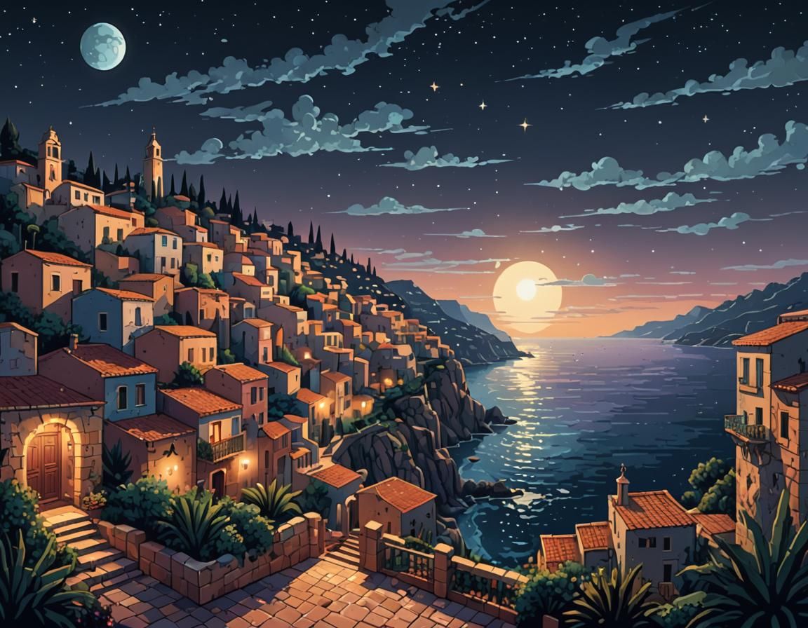 Mediterranean Town Pixel Art with Starry Sky