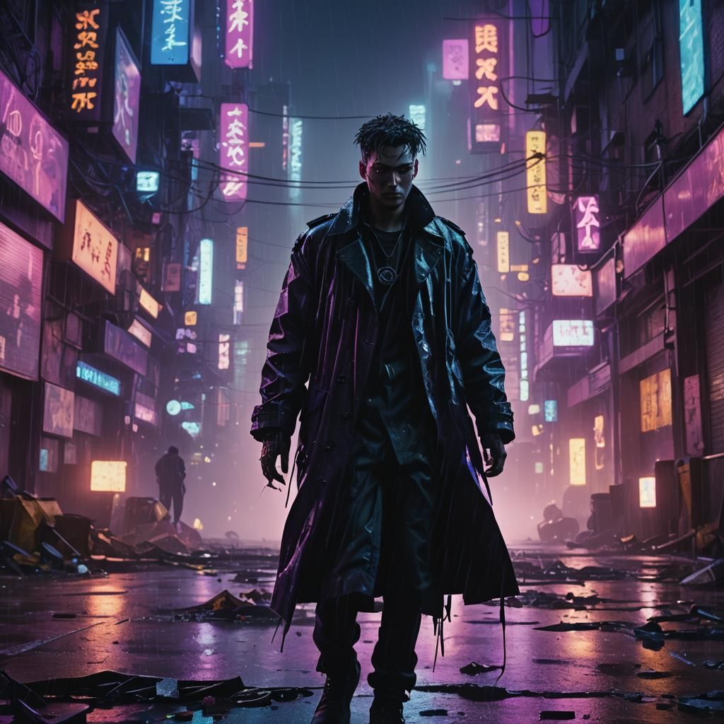 Dystopian Figure in Neon Cyberpunk Cityscape