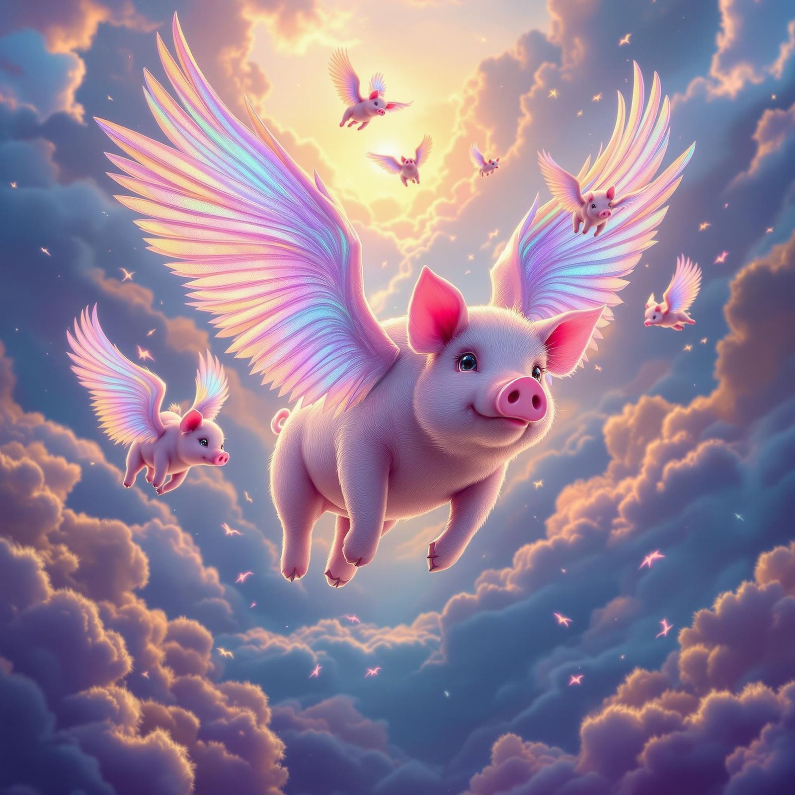 Majestic Winged Pigs Soar in Dreamlike Fantasy Landscape