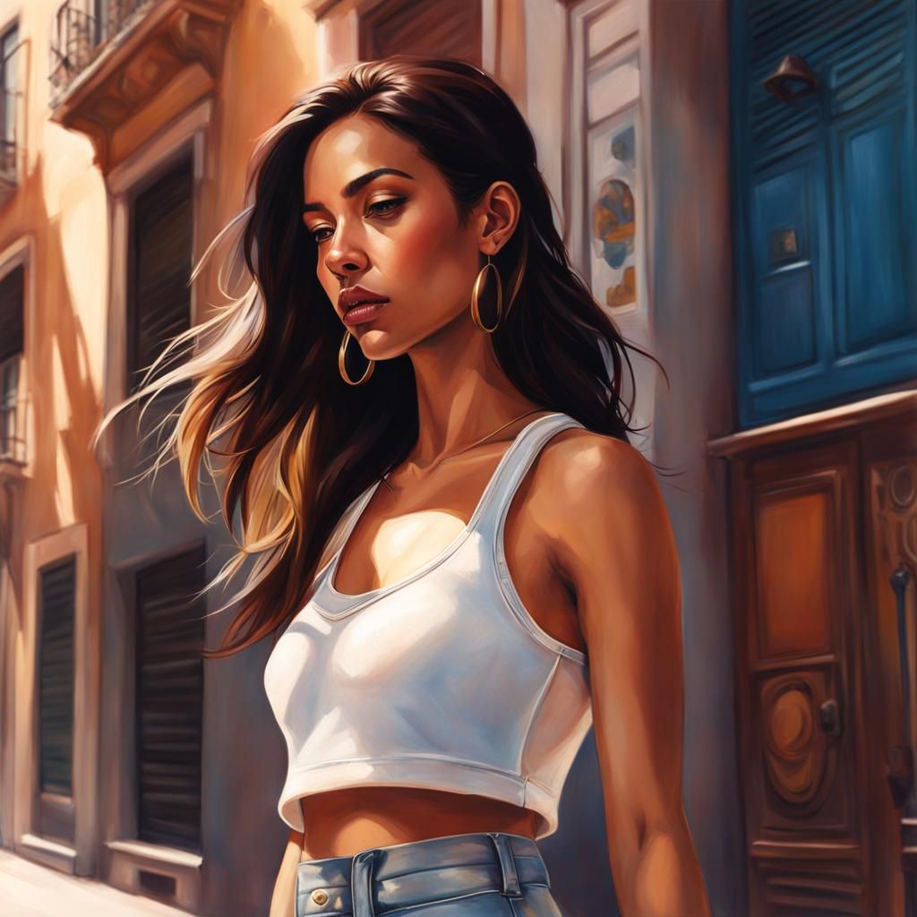 Barcelona Girl in Sunlight: Hyperrealistic Street Scene