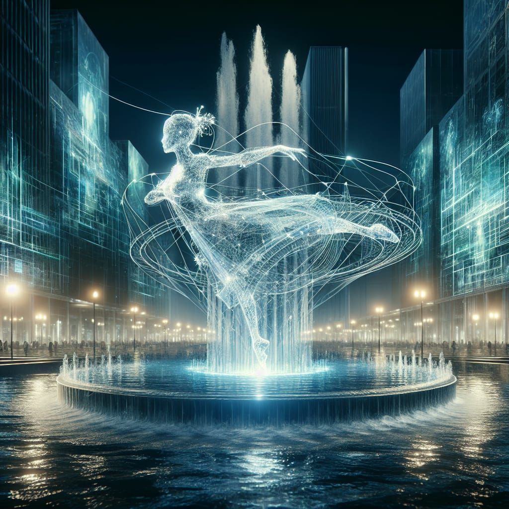 Cyberpunk City Fountain with Holographic Dancing Figure