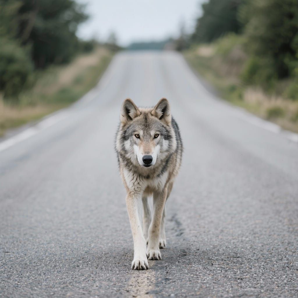 grey wolf walking down the road