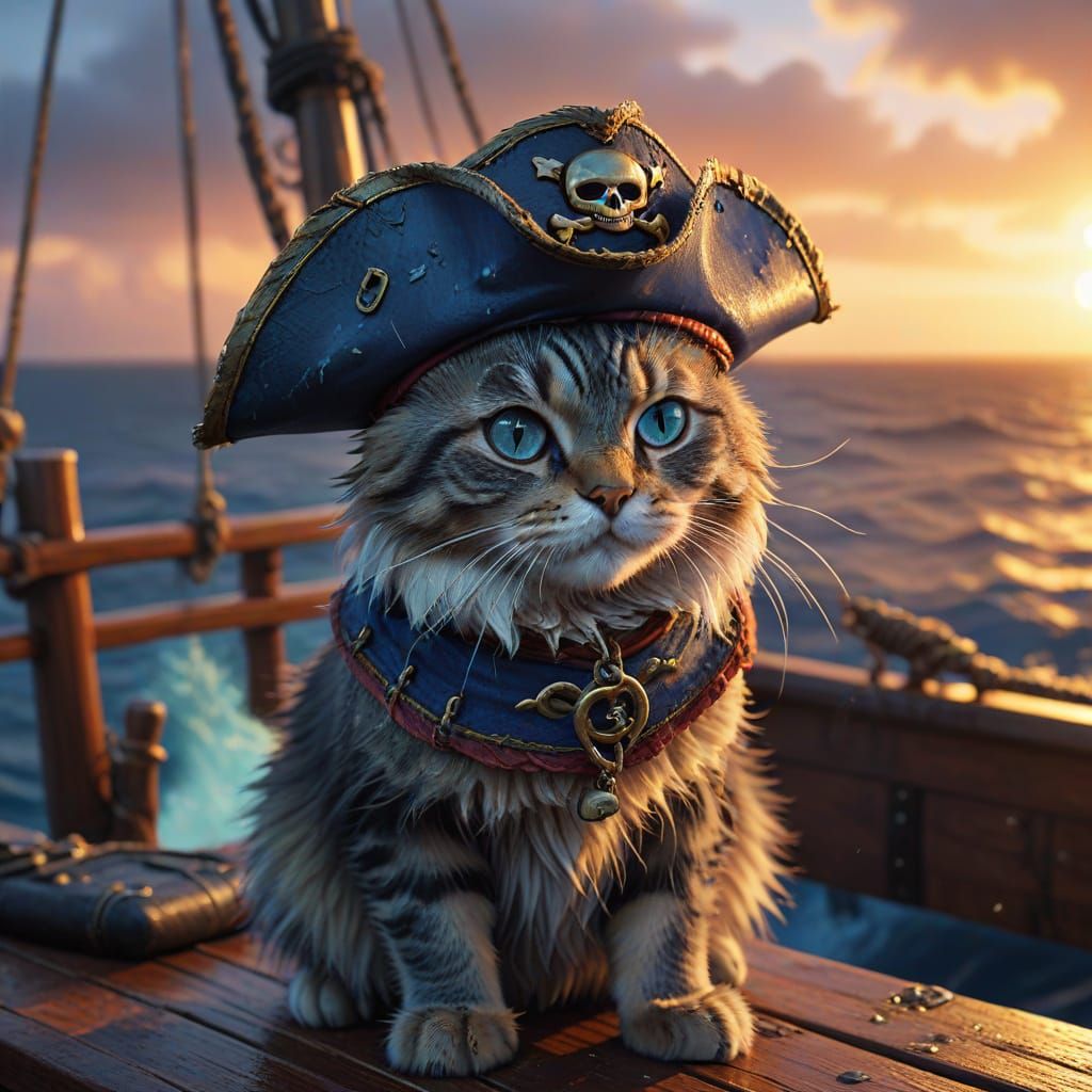 Pirate Cat on Stormy Seas in Vibrant Sunset