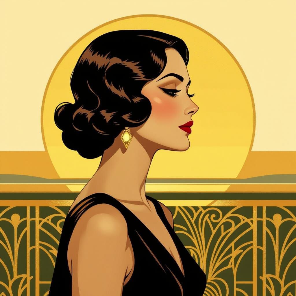 Art Deco Woman Gazing at Golden Horizon