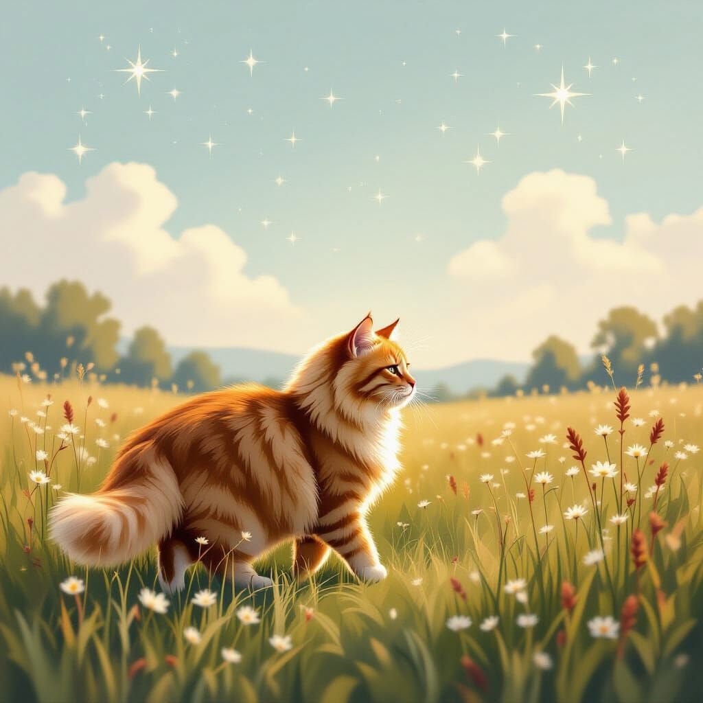 Fluffy Ginger Cat in Starry Meadow Oil Painting