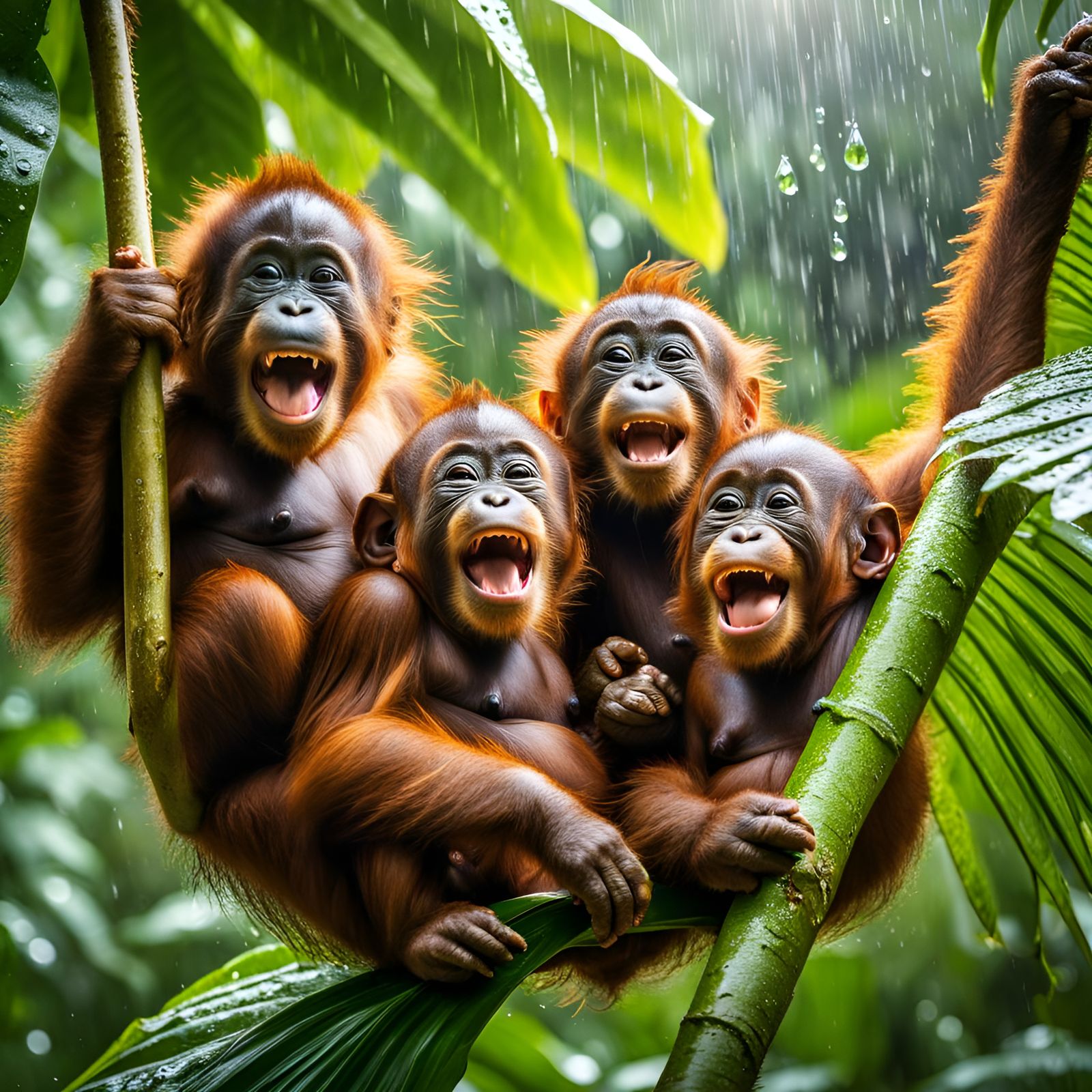Laughing Orangutan Babies in the Rain