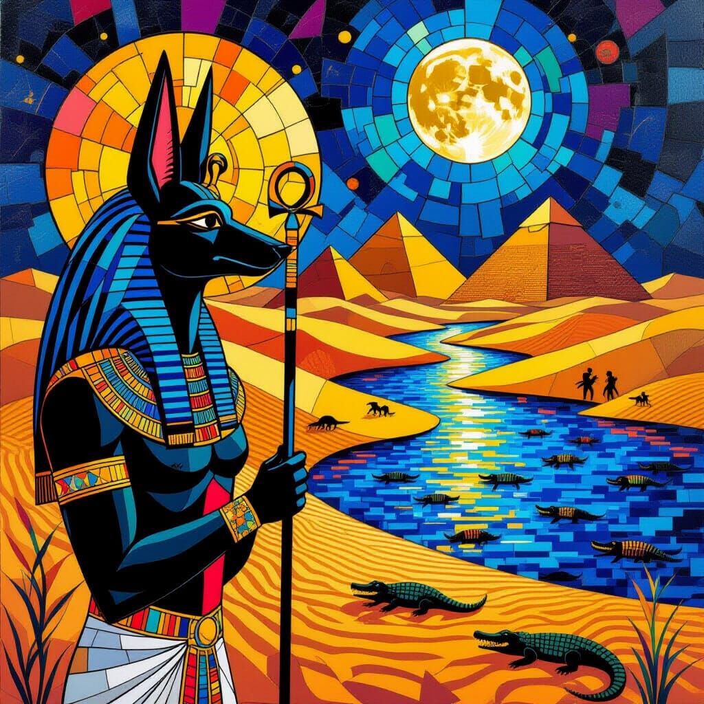 Anubis at the Pyramids in Mosaic Cubist Style