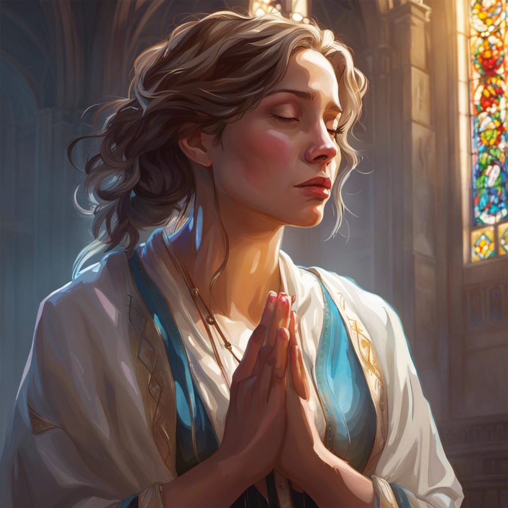 Woman Praying in Church: Hyperdetailed Concept Art