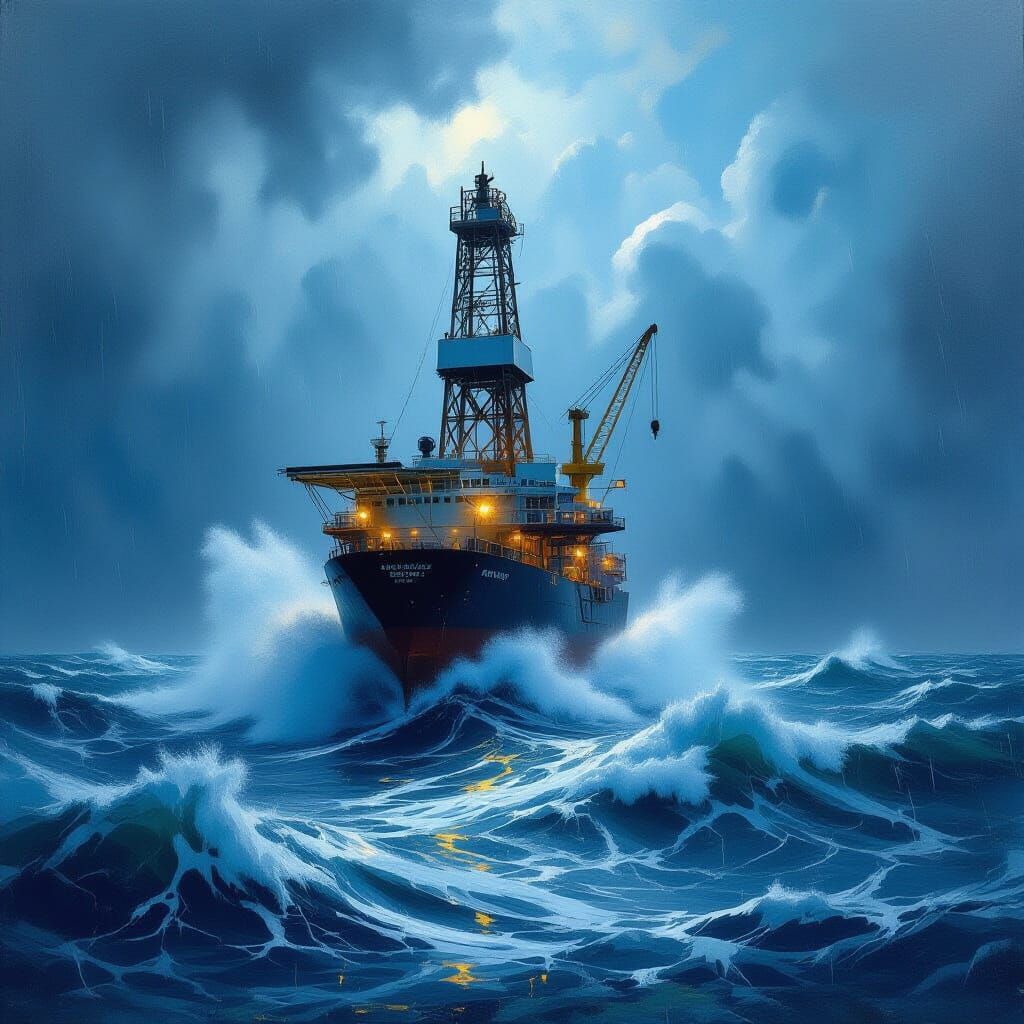 Hyperrealistic Oil Painting of North Sea Oil Rig in Storm