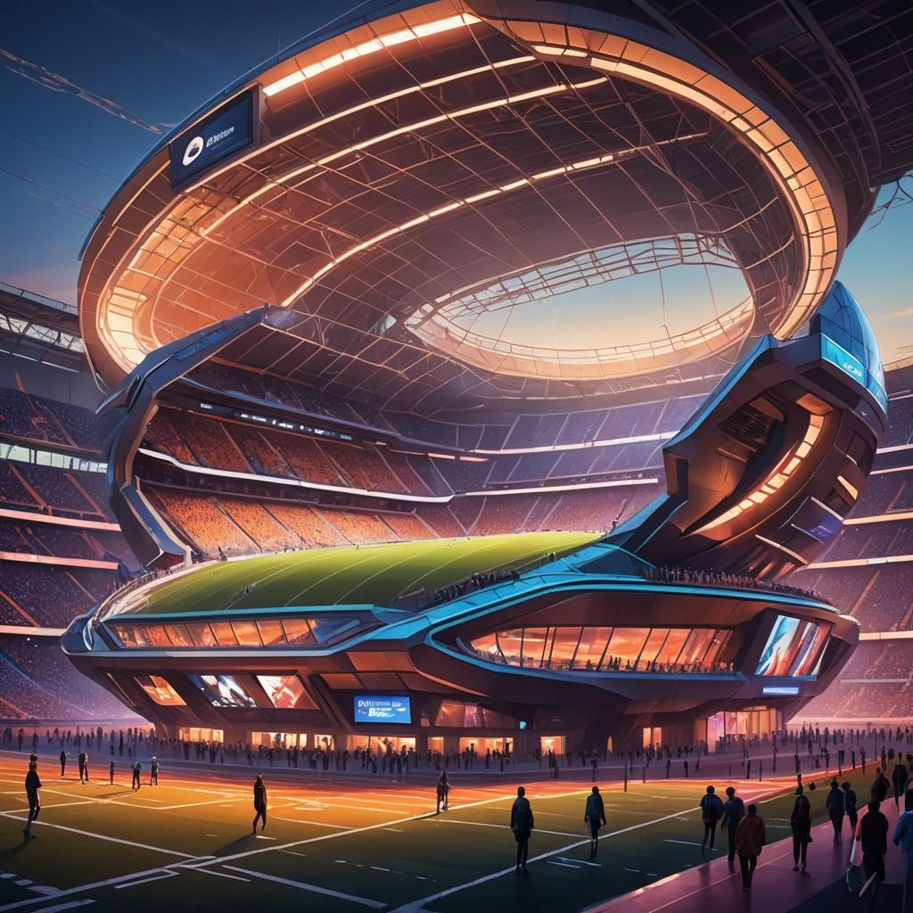Futuristic Football Stadium at Dusk in Splash Art Style