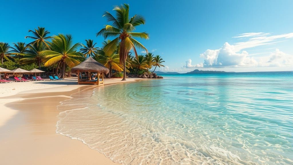 Tropical Beach with Turquoise Water and Young Women